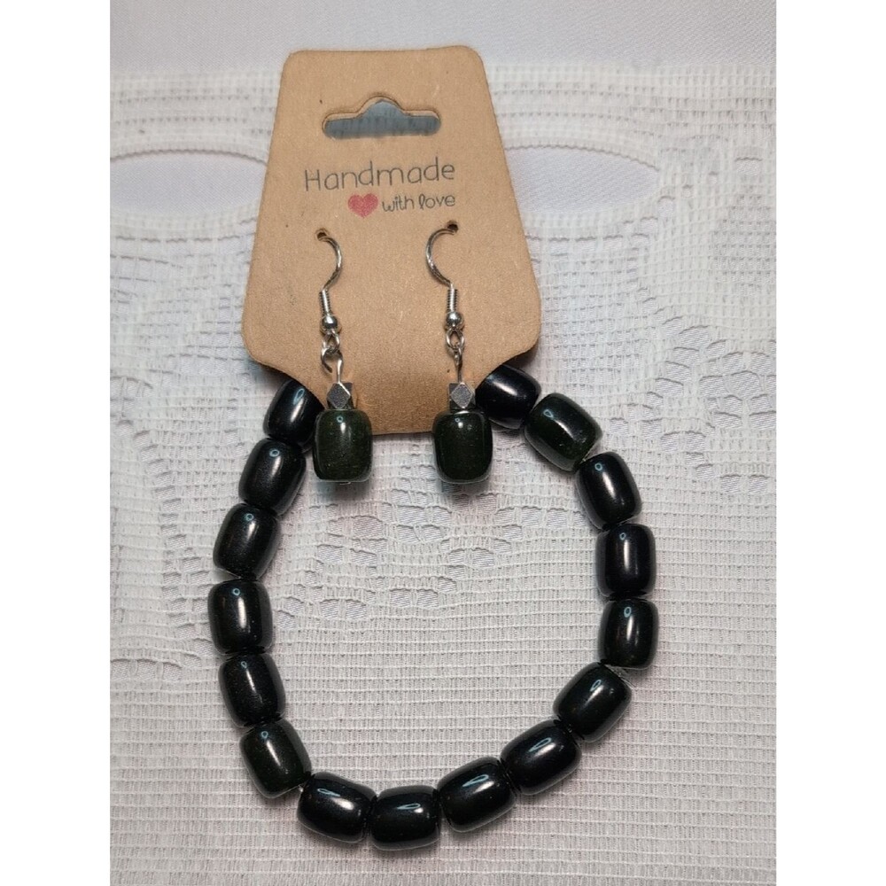 Handmade Deep Green African Jade Earring And Bracelet Set